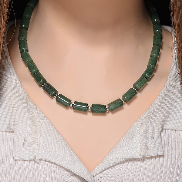 Green Aventurine 204.00 Ctw Barrel Necklace In Silvertone 18-20 Inches