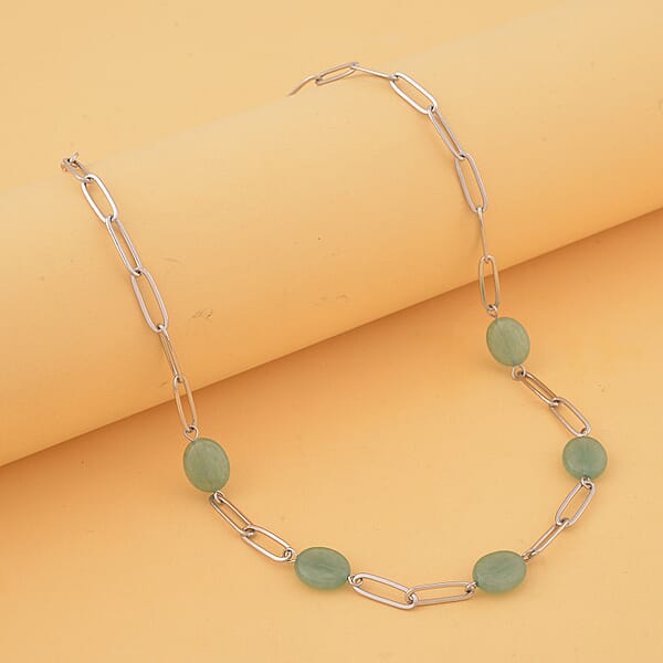 Green Aventurine 30.00 Ctw Paper Clip Station Necklace In Stainless Steel 18-20 Inches Tarnish-Free Waterproof Sweat Proof Jewelry