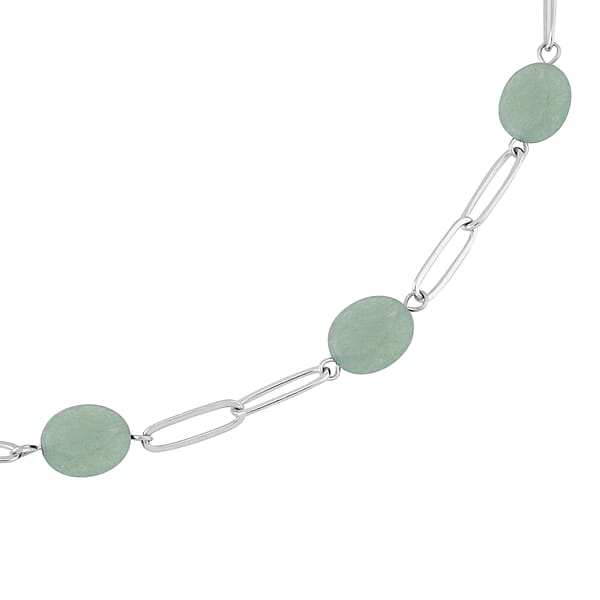 Green Aventurine 30.00 Ctw Paper Clip Station Necklace In Stainless Steel 18-20 Inches Tarnish-Free Waterproof Sweat Proof Jewelry