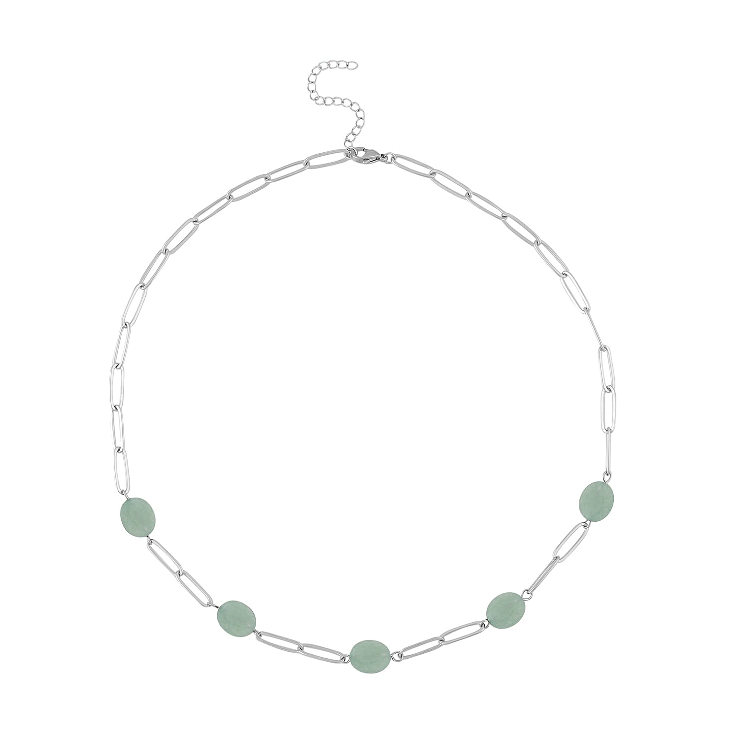 Green Aventurine 30.00 ctw Paper Clip Station Necklace in Stainless Steel 18-20 Inches Tarnish-Free Waterproof Sweat Proof Jewelry