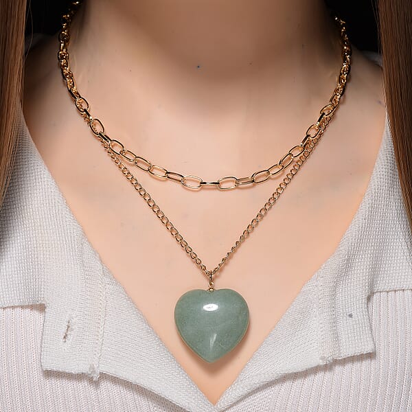 Green Aventurine 75.00 Ctw Heart Pendant With Paper Clip Necklace In Goldtone 18-20 Inches