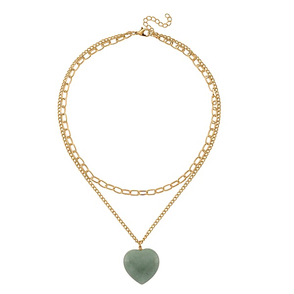 Green Aventurine 75.00 Ctw Heart Pendant With Paper Clip Necklace In Goldtone 18-20 Inches