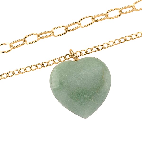 Green Aventurine 75.00 Ctw Heart Pendant With Paper Clip Necklace In Goldtone 18-20 Inches