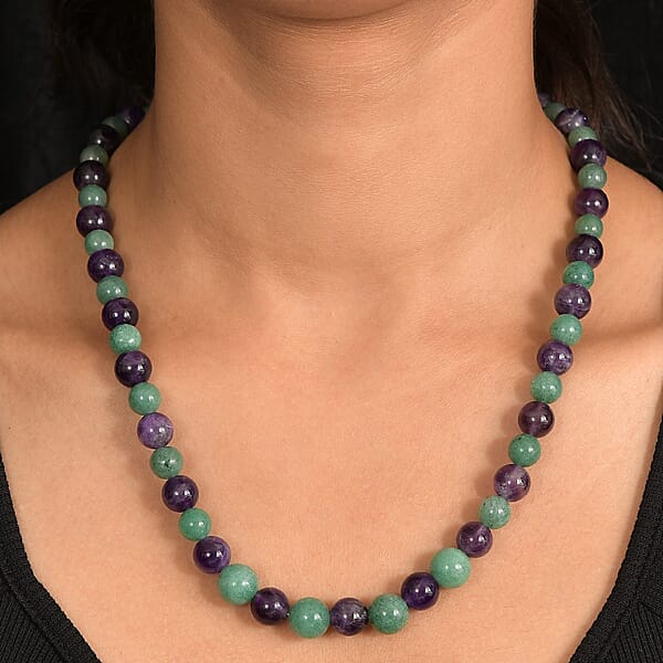 Green Aventurine And African Amethyst 335.00 Ctw Beaded Necklace In Platinum Bond 20 Inches