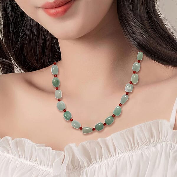 Green Aventurine Red Agate Beaded Necklace 20 Inches In Sterling Silver 253.30 Ctw