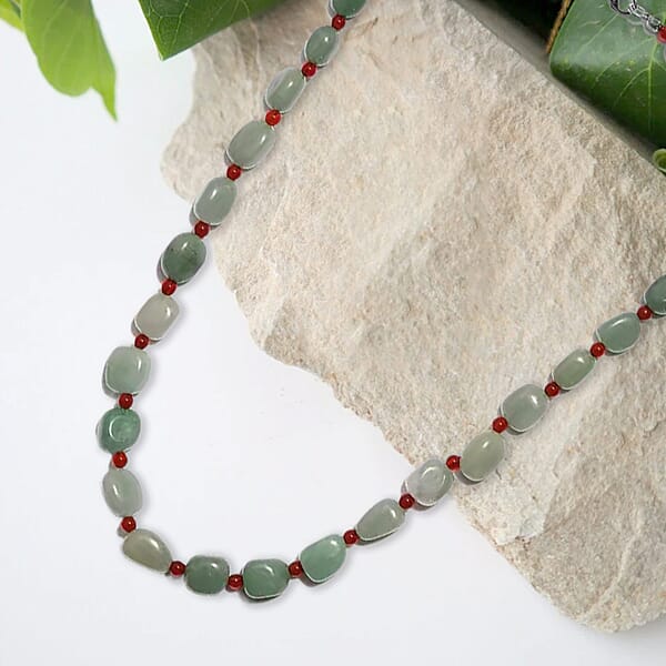 Green Aventurine Red Agate Beaded Necklace 20 Inches In Sterling Silver 253.30 Ctw