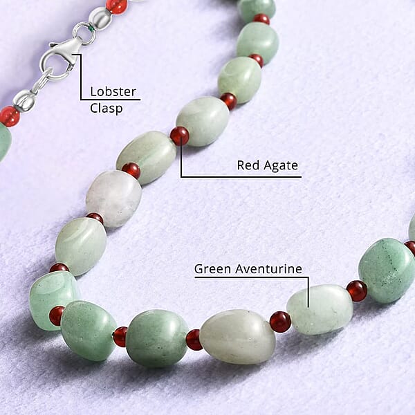 Green Aventurine Red Agate Beaded Necklace 20 Inches In Sterling Silver 253.30 Ctw