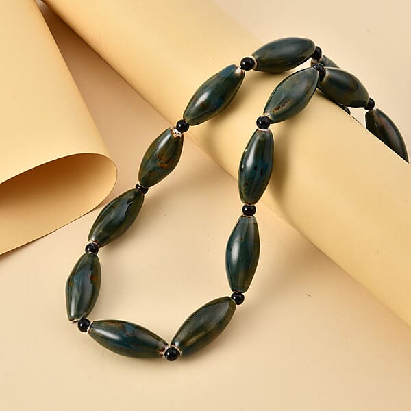 Green Color Ceramic And Black Glass Beaded Necklace In Silvertone 24-26 Inches