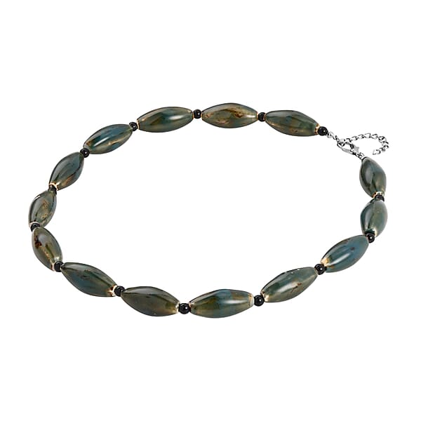 Green Color Ceramic And Black Glass Beaded Necklace In Silvertone 24-26 Inches