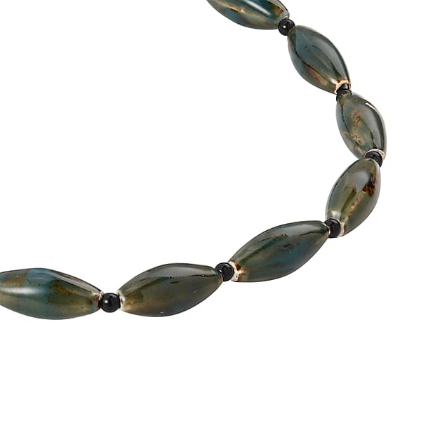 Green Color Ceramic And Black Glass Beaded Necklace In Silvertone 24-26 Inches