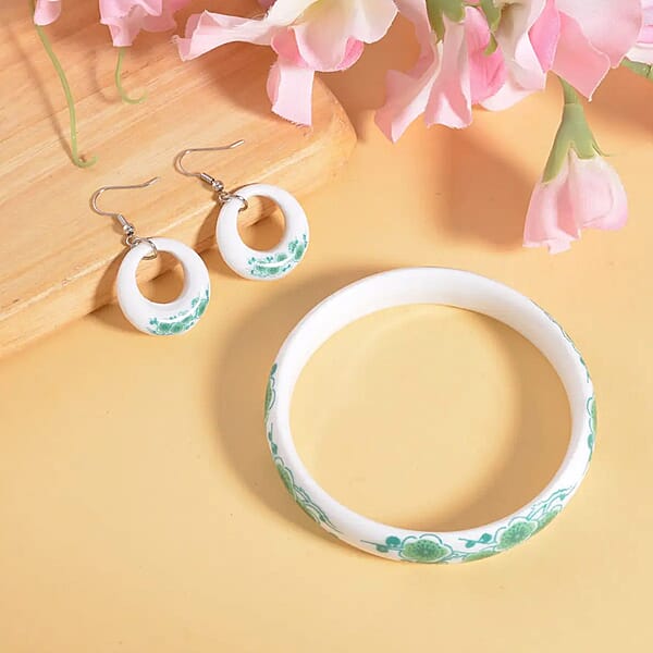 Green Color Ceramic Bangle Bracelet (8.50 In) And Earrings In Stainless Steel