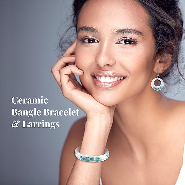 Green Color Ceramic Bangle Bracelet (8.50 In) And Earrings In Stainless Steel