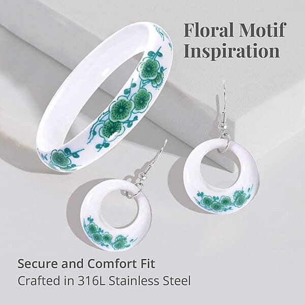 Green Color Ceramic Bangle Bracelet (8.50 In) And Earrings In Stainless Steel