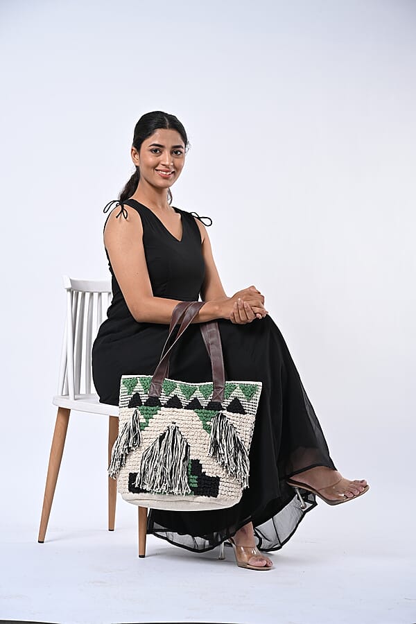 Green Cotton And Jacquard Tote Bag With Faux Leather Handle