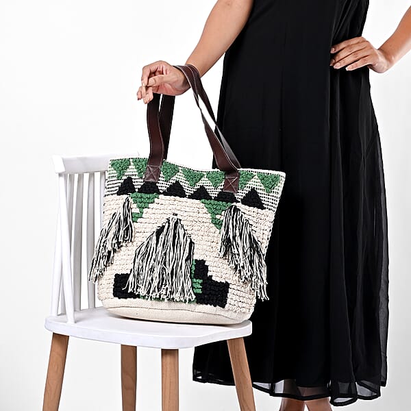 Green Cotton And Jacquard Tote Bag With Faux Leather Handle