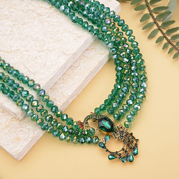 Green Glass And Multi Color Austrian Crystal Beaded Multi Layered Peacock Necklace In Goldtone 20-22 Inches