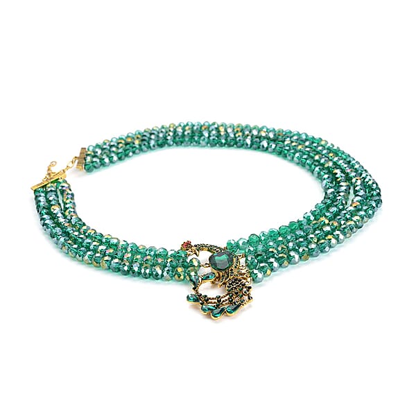 Green Glass And Multi Color Austrian Crystal Beaded Multi Layered Peacock Necklace In Goldtone 20-22 Inches