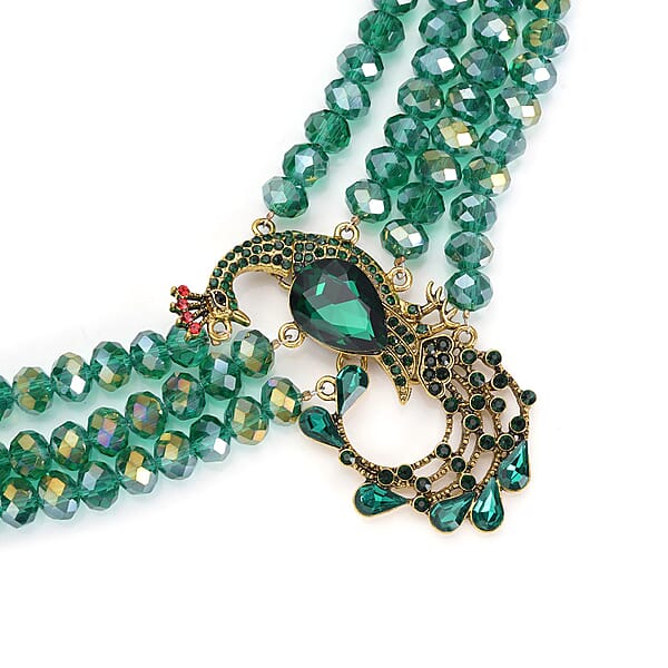 Green Glass And Multi Color Austrian Crystal Beaded Multi Layered Peacock Necklace In Goldtone 20-22 Inches