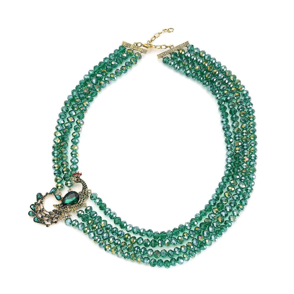 Green Glass and Multi Color Austrian Crystal Beaded Multi Layered Peacock Necklace in Goldtone 20-22 Inches