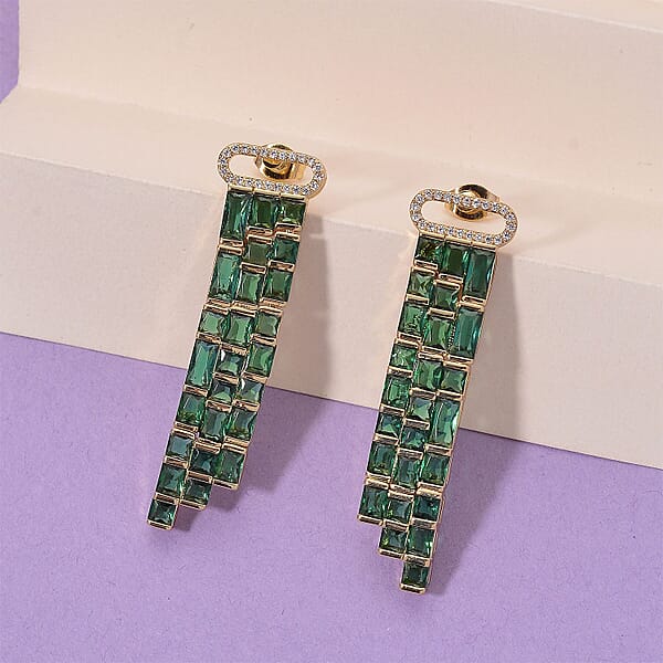 Green Glass And Simulated Diamond Earrings In Goldtone