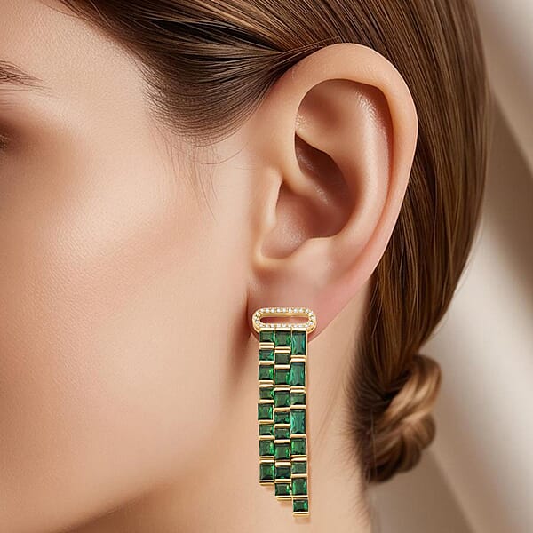 Green Glass And Simulated Diamond Earrings In Goldtone