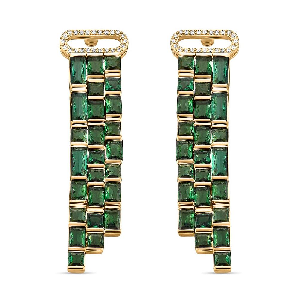 Green Glass and Simulated Diamond Earrings in Goldtone