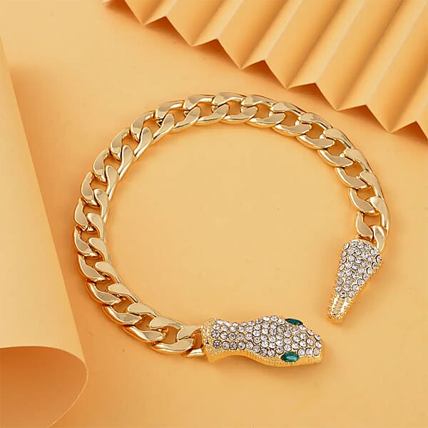 Green Glass And White Austrian Crystal Cable Link Chain With Snake Head & Tail Bracelet In Goldtone (10.50 In)