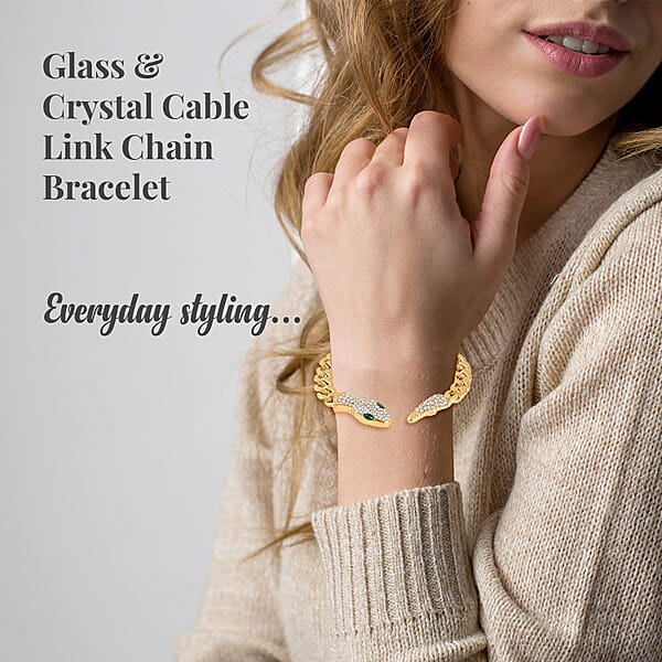 Green Glass And White Austrian Crystal Cable Link Chain With Snake Head & Tail Bracelet In Goldtone (10.50 In)