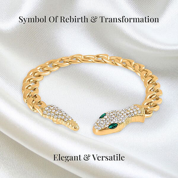 Green Glass And White Austrian Crystal Cable Link Chain With Snake Head & Tail Bracelet In Goldtone (10.50 In)