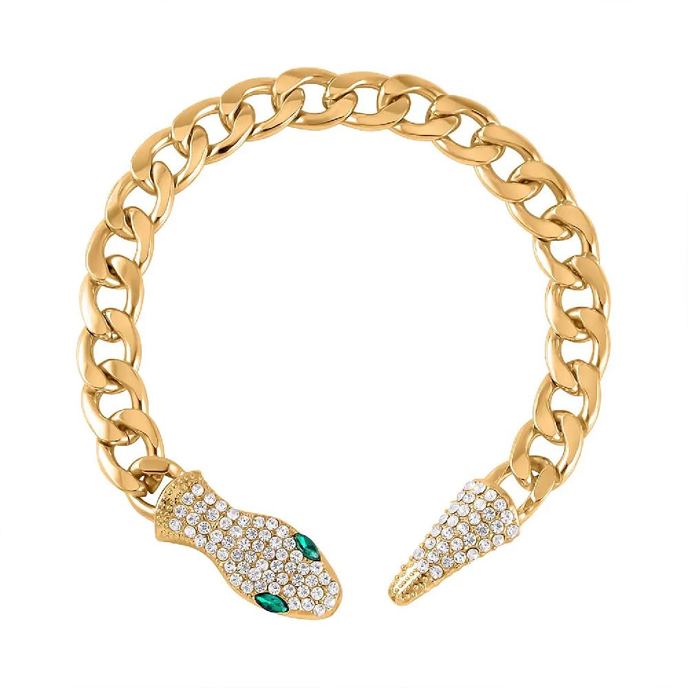 Green Glass and White Austrian Crystal Cable Link Chain with Snake Head & Tail Bracelet in Goldtone (10.50 In)