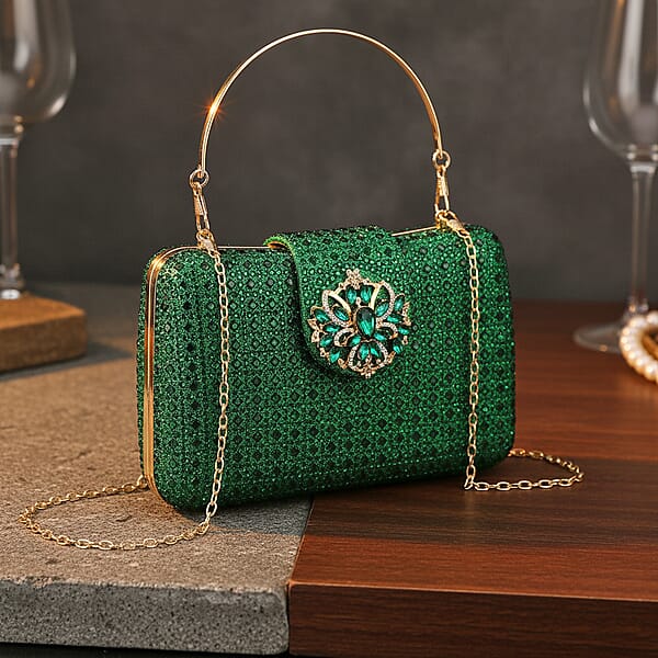 Green Gorgeous Crystal Clutch Bag With Shoulder Chain Strap