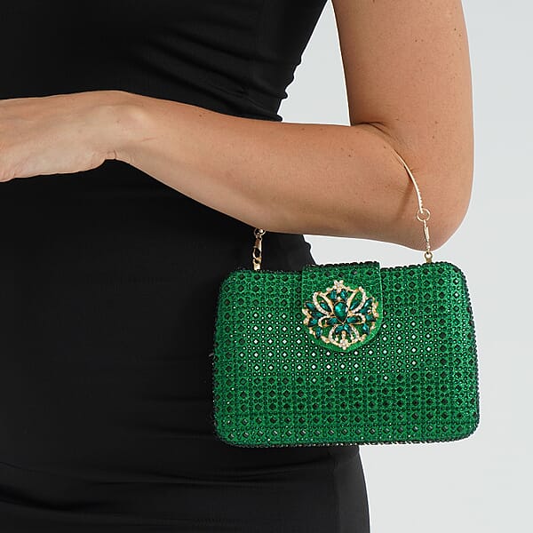 Green Gorgeous Crystal Clutch Bag With Shoulder Chain Strap