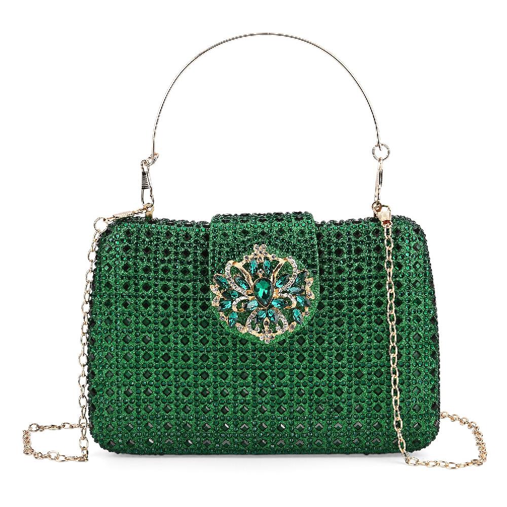 Green Gorgeous Crystal Clutch Bag with Shoulder Chain Strap