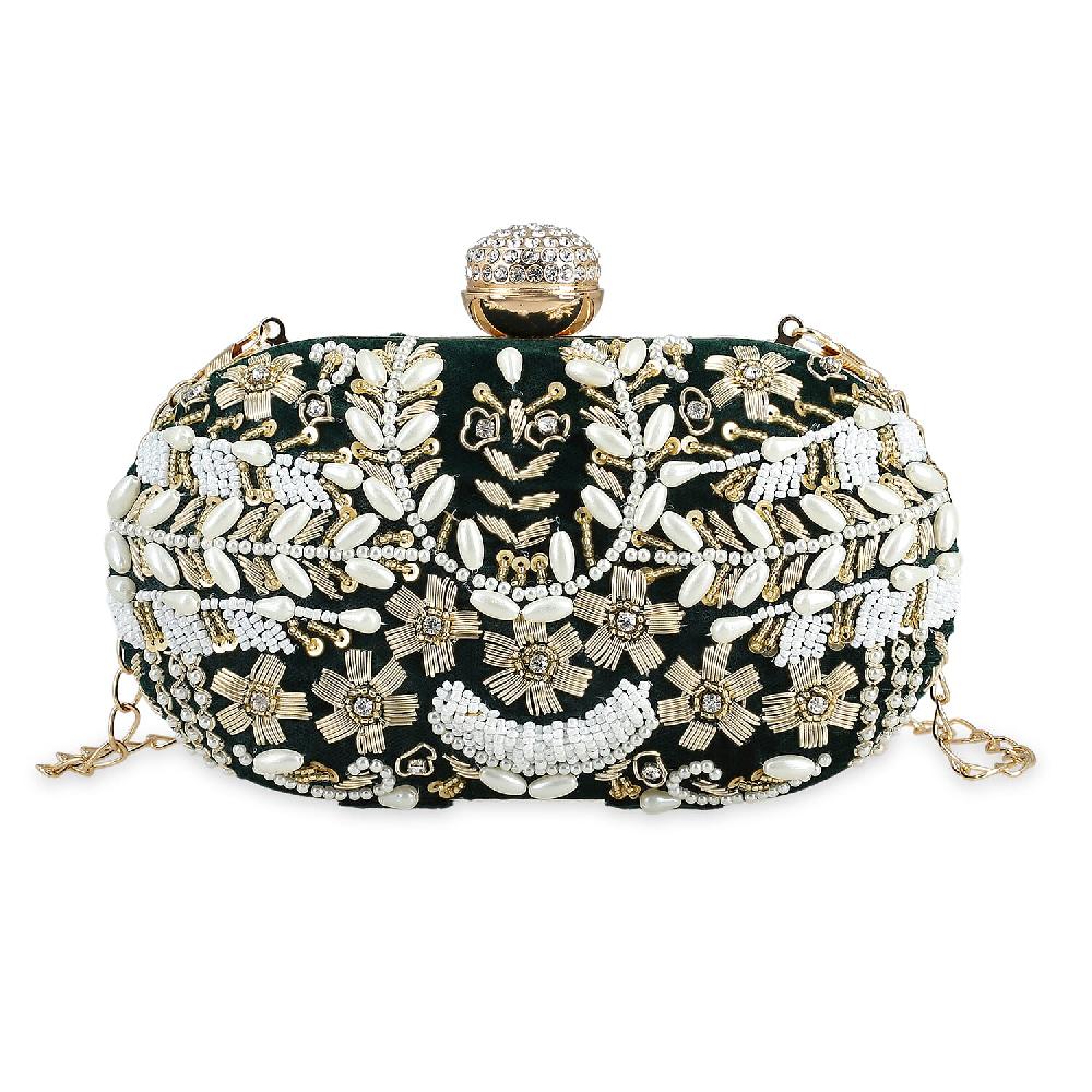 Green Hand Embroidery Oval Shaped Pearl Studded Velvet Clutch