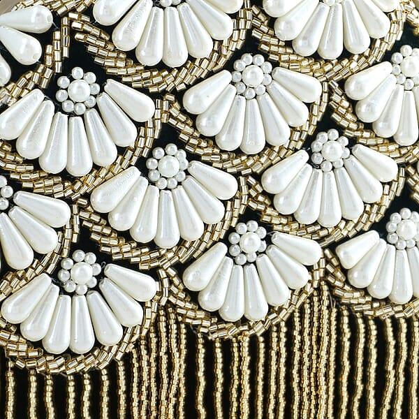 Green Hand Embroidery Pearl Studded Velvet Clutch With Tassels Ring Handle And Sling Chain