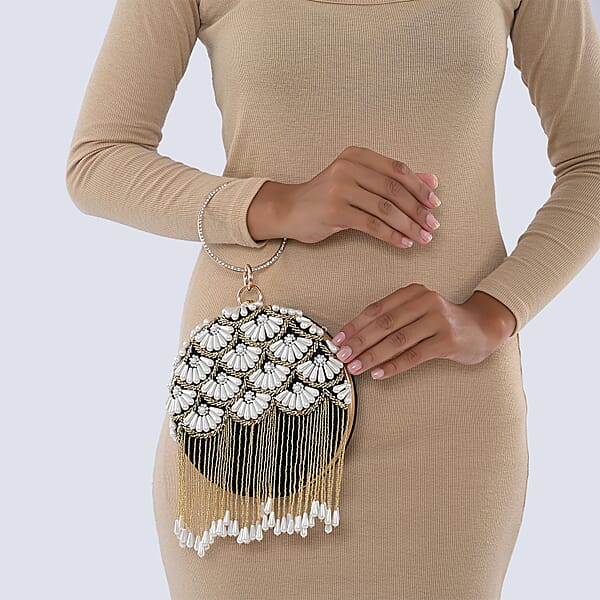 Green Hand Embroidery Pearl Studded Velvet Clutch With Tassels Ring Handle And Sling Chain