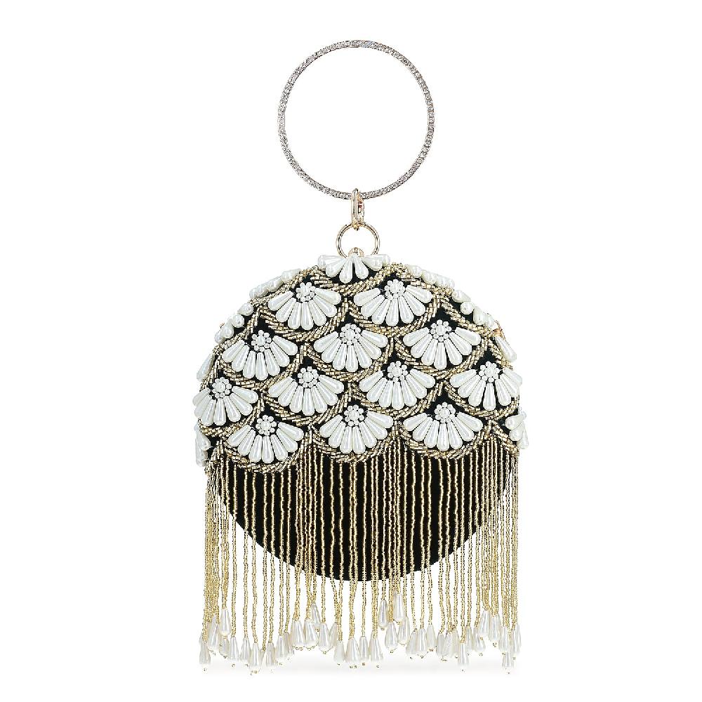 Green Hand Embroidery Pearl Studded Velvet Clutch with Tassels Ring Handle and Sling Chain