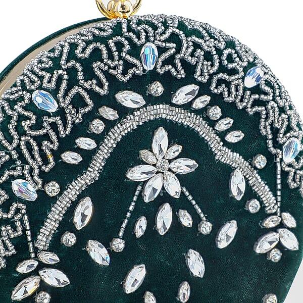 Green Hand Embroidery Round Shaped Beads Studded Velvet Clutch With Ring Handle And Sling Chain