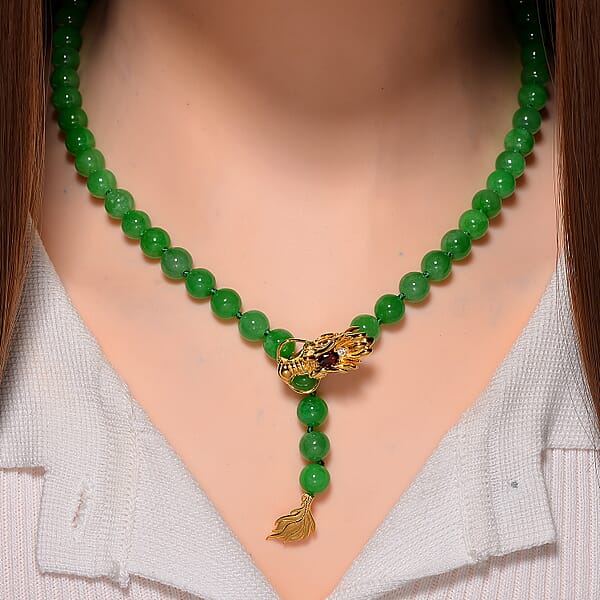 Green Jade (D) And Multi Gemstone 220.90 Ctw Dragon Necklace In 18K Vermeil Yellow Gold Over Sterling Silver 18-20 Inches