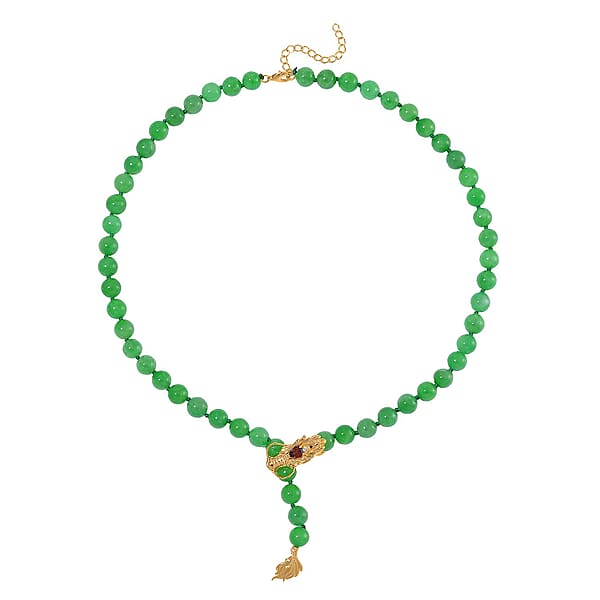 Green Jade (D) And Multi Gemstone 220.90 Ctw Dragon Necklace In 18K Vermeil Yellow Gold Over Sterling Silver 18-20 Inches