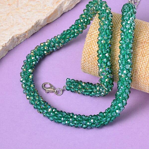 Green Magic Color Glass Beaded Necklace In Silvertone 20-20 Inches