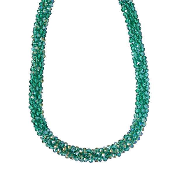 Green Magic Color Glass Beaded Necklace In Silvertone 20-20 Inches