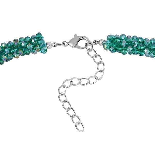 Green Magic Color Glass Beaded Necklace In Silvertone 20-20 Inches