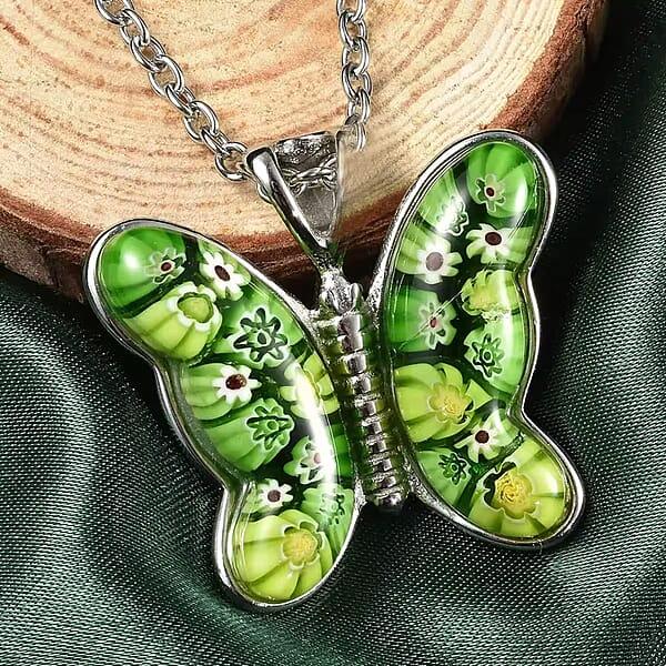 Green Murano Style Butterfly Necklace In Stainless Steel 24 Inches