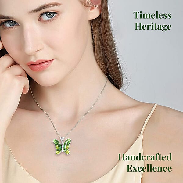 Green Murano Style Butterfly Necklace In Stainless Steel 24 Inches
