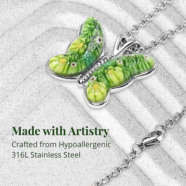 Green Murano Style Butterfly Necklace In Stainless Steel 24 Inches