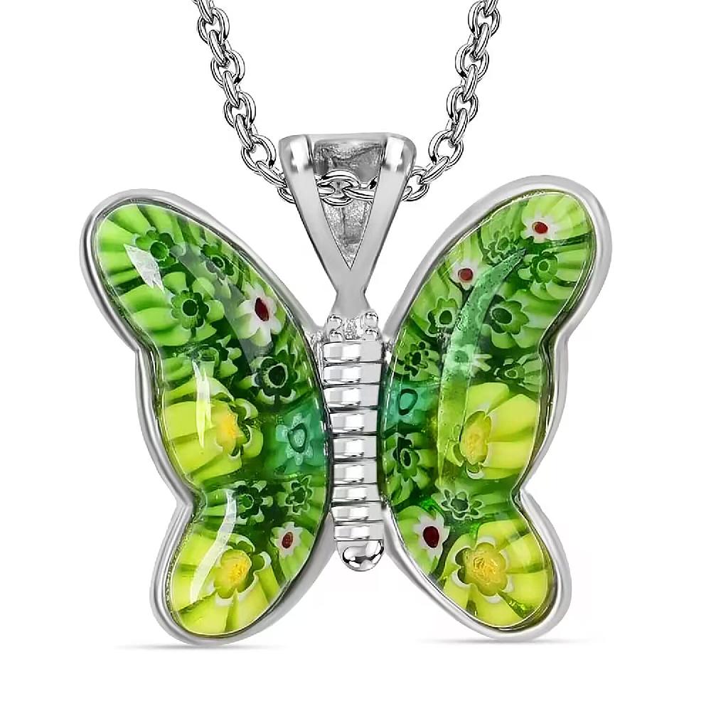 Green Murano Style Butterfly Necklace in Stainless Steel 24 Inches