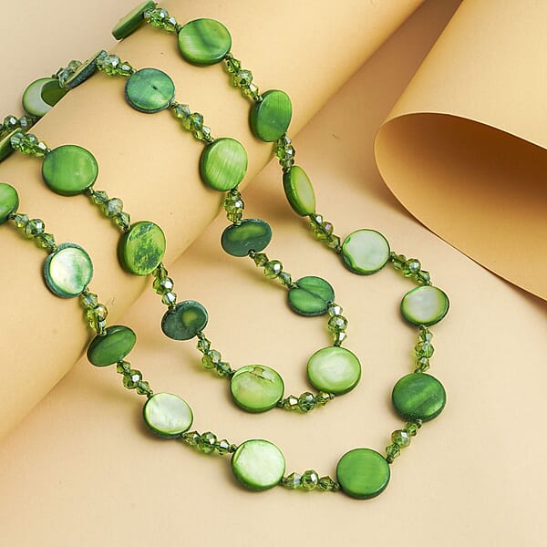 Green Shell Pearl Coin Green Glass Beaded Necklace 47 Inches