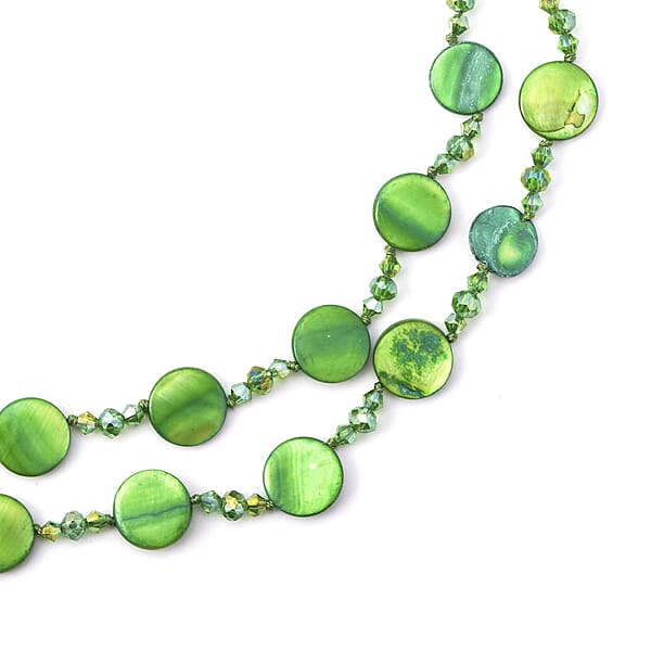 Green Shell Pearl Coin Green Glass Beaded Necklace 47 Inches