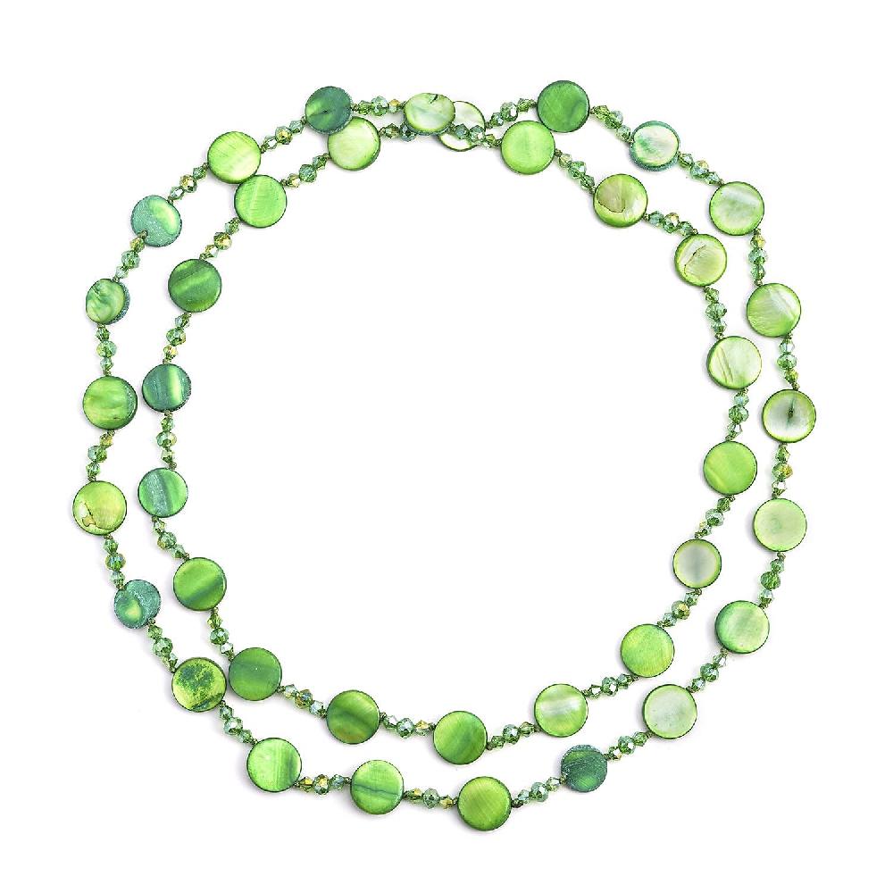 Green Shell Pearl Coin Green Glass Beaded Necklace 47 Inches